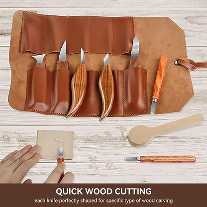 Wood Carving Tools Whittling Kit- Woodworking Large Whittling Kit, Deluxe Spoon Carving Knife Kits for Beginners, 13 Knives Set with Leather Case - color: Dark Brown