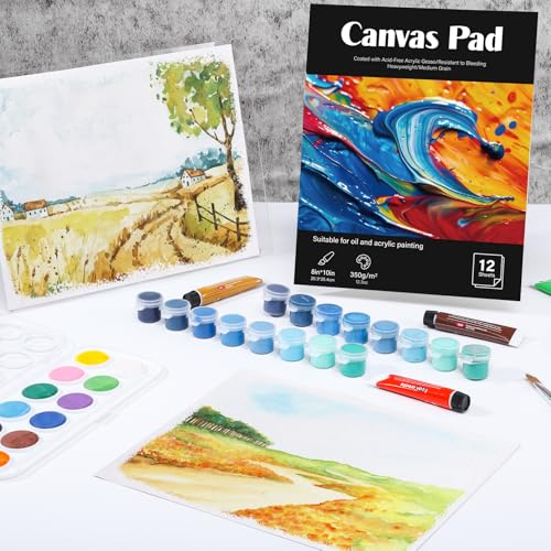 12 Sheets Canvas Paper Pad 8”x10”, 350 GSM Glue Bound Canvas Sketchbook for Adults and Students - Acrylic Painting, Oil Painting - size: 8”x10”