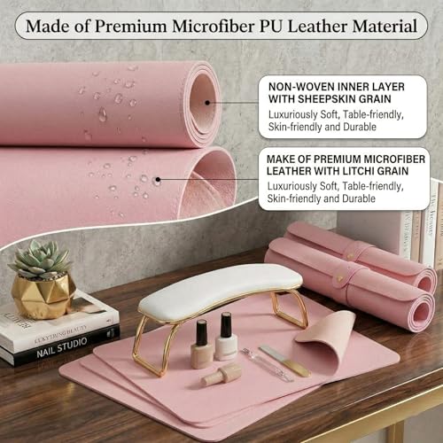 2 PCS Nail Art Table Mat, Soft Microfiber PU Leather Nail Pad, Foldable Nail Art Rest Pad, Reusable Nail Mat for Table Desk, Acrylic Nail Desk Mat for Nail Cushion (Pink and Pink) - color: Pink and Pink