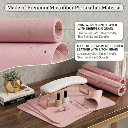 2 PCS Nail Art Table Mat, Soft Microfiber PU Leather Nail Pad, Foldable Nail Art Rest Pad, Reusable Nail Mat for Table Desk, Acrylic Nail Desk Mat for Nail Cushion (Pink and Pink) - color: Pink and Pink