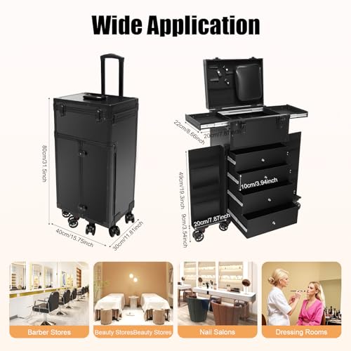 44.09lbs Lockable Makeup Train Case,Rolling Hairdressing Trolley,Beauty Salon Cosmetic Luggage with Universal Wheels for Hair Stylist,Make-up Artists (Black 8) - color: Black 8