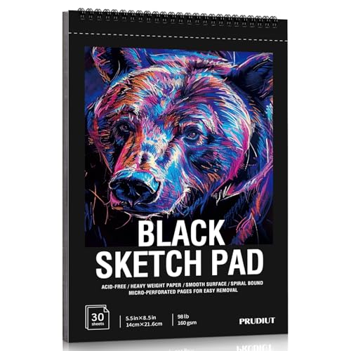 30 Sheets Black Paper Sketchbook, 98lb/160gsm Heavyweight Black Sketch Pad 5.5×8.5in, Acid-Free Drawing Paper, Spiral Bound Sketch Book for Kids, Teens, Artist - size: 5.5×8.5 Inch (1 pack)