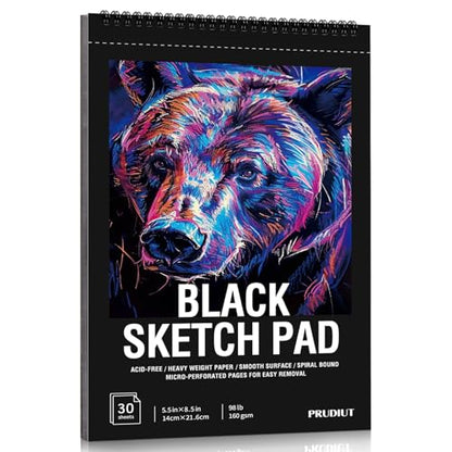 30 Sheets Black Paper Sketchbook, 98lb/160gsm Heavyweight Black Sketch Pad 5.5×8.5in, Acid-Free Drawing Paper, Spiral Bound Sketch Book for Kids, Teens, Artist - size: 5.5×8.5 Inch (1 pack)
