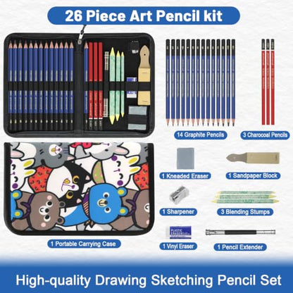 25 Pack Sketching Pencil Set with Cartoon Case, Graphite Drawing Pencils Kit with Charcoal, Blending Stumps & Erasers, Professional Art Supplies for Artists, Beginners, Shading