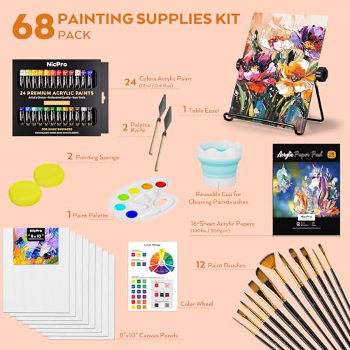 Nicpro 68PCS Acrylic Paint Canvas Set for Adults, Art Painting Supplies Kit with 24 Acrylic Paints,Table Easel,8 Canvas Panels,12 Brushes,Paper Pad,Cleaning Cup, Sponge, Palette for Beginner Artist - color: 24 colors
