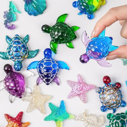 Mini Turtle Resin Molds, 7 Cavities Ocean Animal Silicone Mold, Shell Starfish Gypsum Candle Resin Casting Molds, Cute Sea Turtle Shape Epoxy Mold for DIY Craft, Keychain, Micro Landscape Decor