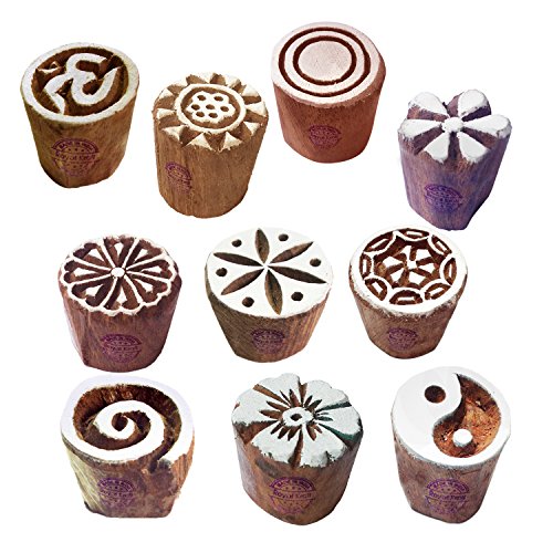 Textile Wood Blocks Handmade Small Round Shape Printing Stamps (Set of 10) - color: Htag2104