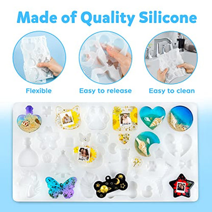 Mocoosy 182Pcs Resin Molds Silicone Kit for Keychains, 32 Cavities Silicone Molds for Epoxy Resin Casting, Variety Shaped Resin Key Chain Molds Making Set DIY Ornaments Crafts Supplies