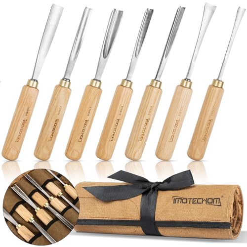 7-Pieces Woodworking Wood Carving Tools Chisel Set with Canvas Bag, Gouges and Carving Chisel Set, Razor Sharp CR-V 60 Steel Blades - size: 7-Pieces with Ash Handle