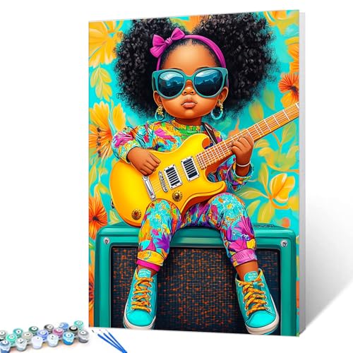 Tucocoo Electric Guitar Little Girl Paint by Numbers Kits with Brushes and Acrylic Pigment on Canvas Painting for Adults, Black Girl Music Art Picture for Home Wall Decor Gifts 16''x20'' (DIY Framed) - color: Artwork-04, size: 16''x20''(DIY Frame)