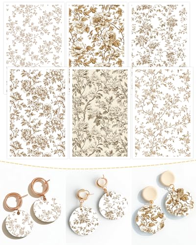 Puocaon Brown Flower Clay Transfer Paper - 18 Pcs Traditional Chinoiserie Art Design Transfer Sheets for Polymer Clay Brown Floral Earrings Design Jewelry Making - color: brown flower