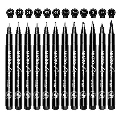 Set of 12 Black Micro-Pen Fineliner Ink Pens - Waterproof Archival ink Fine Point Micro Pen for Multiliner, Sketching, Brush Lettering, Artist Illustration, Technical Drawing, Calligraphy, Scrapbookin