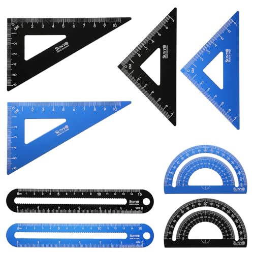 HARFINGTON 8pcs Triangular Ruler Set 15cm/6" Aluminum Alloy Straight Geometric Protractor Triangle Engineering Scale Drafting Ruler Kit Measuring Drawing Tool for Classroom Office, Blue/Black - color: Blue/Black