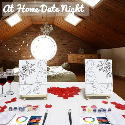 PAILIM 2 Pack Sip and Paint Kit for Adults Couples Painting Kit Pre Drawn Canvas to Paint at Home Date Night Party Favor Supplies Art Painting Set Couples Activity 8x10 Seaside Clink Glasses - style: Deluxe Painting Kit