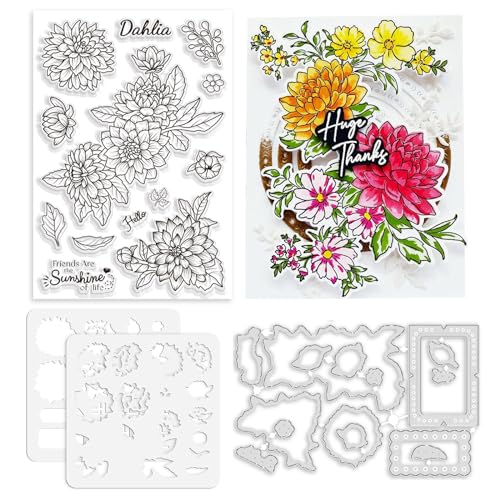 ORIGACH Realistic Dahlia Layering Stencils Set for Card Making, Dahlia Silicone Stamps and Die Sets and Flower Stencil Template for Scrapbooking DIY Crafting - color: Dahlia