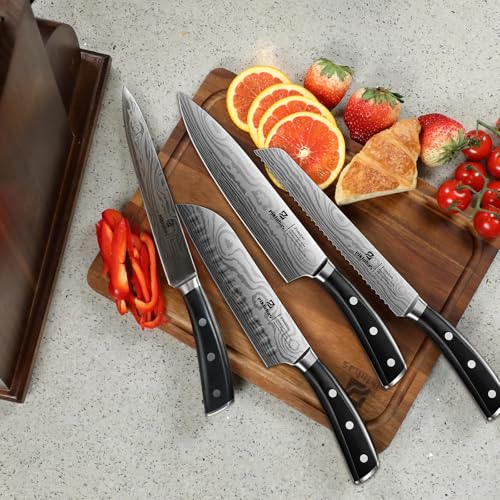 Piklohas Knife Sets for Kitchen with Block, 17 Pieces with Magnetic Knife Holder, German High Carbon Stainless Steel Damascus Pattern Chef Knife Set, Ideal for Gift