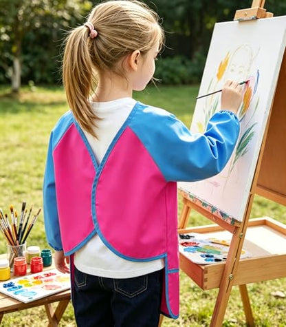 2 Pack Kids Art Smock Waterproof with Long Sleeve and 3 Roomy Pockets Artist Children Aprons for Toddlers Age 3-8 Painting Crafts(Rose Red0 - color: 2 Pack Rose Red