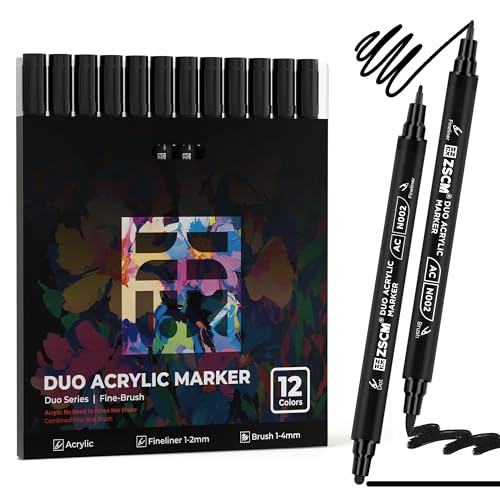 ZSCM QUALITY DECIDES THE FUTURE 12 Black Acrylic Paint Markers, Dual Tip Acrylic Brush Pens with Fine Tip & Brush Point, Jet Black Acrylic Markers for Outlining Lettering Wood Canvas Stone Glass Rock - color: 12 Black