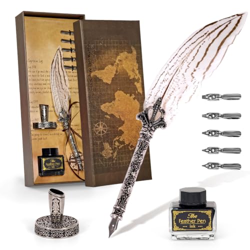 Joyeee Writing Quill and Ink Set, With Stainless Steel Replaceable Nibs, Sliver Metal Carving Pen Holder, Feather Pen Ink for Beginners and Calligraphy Enthusiasts, Retro Writing and Drawing Tool - color: Beige Quill Pen Set
