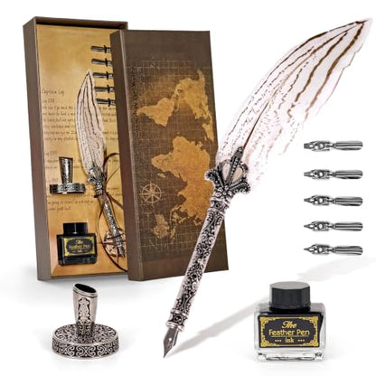 Joyeee Writing Quill and Ink Set, With Stainless Steel Replaceable Nibs, Sliver Metal Carving Pen Holder, Feather Pen Ink for Beginners and Calligraphy Enthusiasts, Retro Writing and Drawing Tool - color: Beige Quill Pen Set