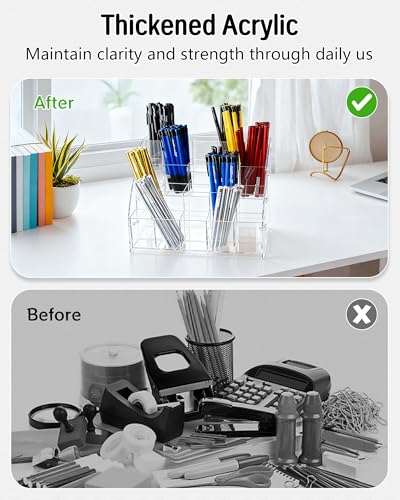 Slanted Acrylic Pencil Holder for Desk, 4 Tier Multi-Compartment Pen Storage Organizer | Clear Desktop Stationary Cup & Brush Display Case with Durable Hardware - size: 4 Layers