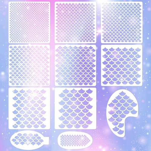 11 PCS 6 x 6 Inch Mermaid Makeup Stencils, Fish Scales Reusable Plastic Templates, Mermaid Stencils Set for Women Girls Body Art Face Painting Wall Drawing Fabric DIY Craft Decoration - color: K