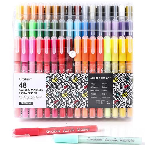 Grabie Acrylic Paint Pens Markers, 48 Colors, 0.7 mm, Extra Fine Tip Drawing Markers, Premium Paint Pens for Painting on Various Surface, Art Supplies - color: 48 Colors Extra Fine Tip Acrylic Markers