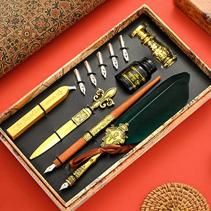 Joyeee Antique Feather Quill Pen Set, with Sealing Wax for Envelopes, Wax Stamp, Handcrafted Dip Pen, Envelopes, Dip Pen Nibs, Writing, Retro Gift Box, Beautiful Birthday Gift, Dark Green - color: #110 Dark green