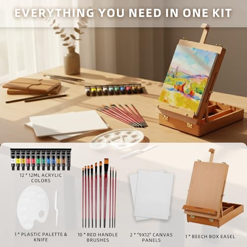 Falling in Art Beechwood Easel Box Set, 27 Pcs Tabletop Acrylic Paint Set, Portable Display Easel Stand with 12 Acrylic Paints, Canvas Panels and Brushes, Suitable for Beginners and Professionals - style: Tabletop Easel Set