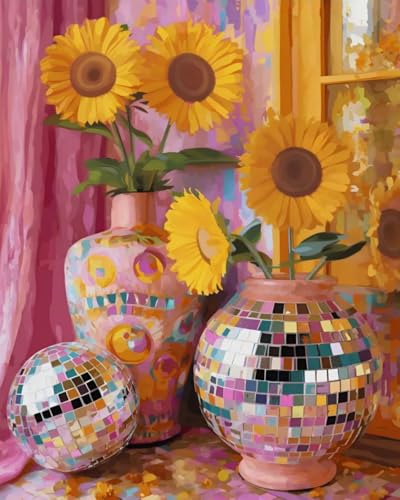 GEEHEIY Paint by Numbers Kit for Adults, Sunflowers DIY Painting on Canvas, Disco Ball Paint by Number Kit with Acrylic Paint, Colorful Floral Wall Art Home Decor Gift 16x20 Inch - color: TRTDNF1P405