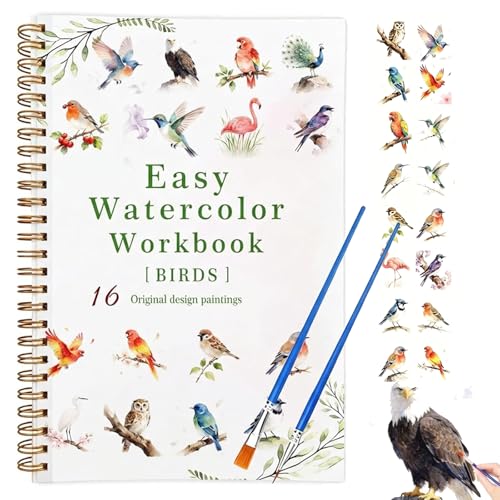 Watercolor Workbook, 16 Pages Watercolor Paper Spiral Bound Coloring Book, 12 Colors Watercolor Paint Set, Beginner Friendly Travel Watercolor Set, Watercolor Workbook Gift for Adults and Kids(Bird) - color: bird