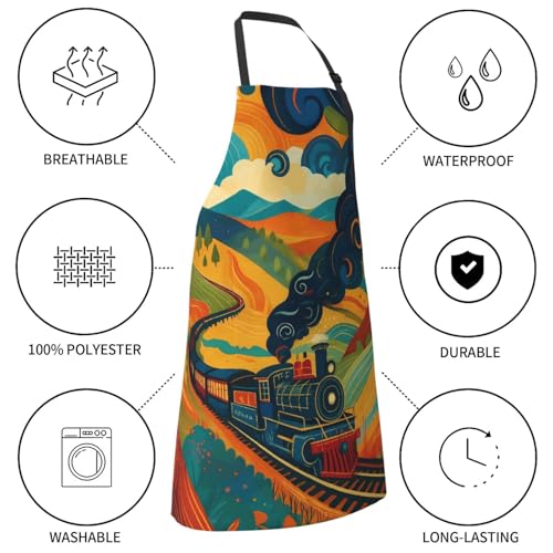 KKdskkds Tribal Boho Geometric Multi-Purpose Adjustable Waterproof Apron With Pocket For Men Women - color: Train Passing Through Colorful Fields