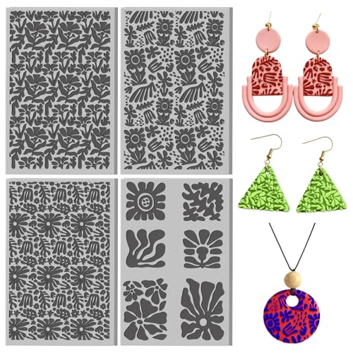 4 Sheets Matisse Pattern Clay Texture Mat Bohemian Floral Polymer Clay Texture Sheets DIY Tools for Pottery Earring Jewelry Making Stamp Engraving Machines, 3.9x2.6inch - style: Matisse Pattern