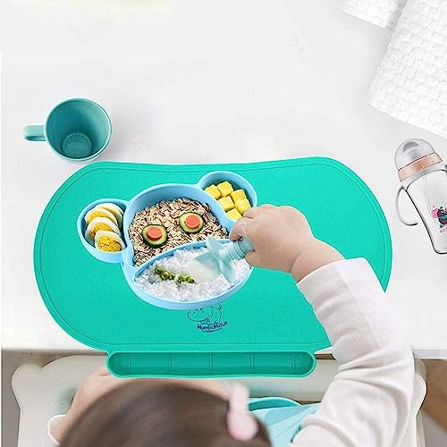 Silicone Children's Place Mat - Baby Mumbo | Food-Grade Quality with Unique Raised Edges for Spill Prevention | Lightweight, Portable, and Spill-Proof Tray (Bashful Blue) - color: Bashful Blue