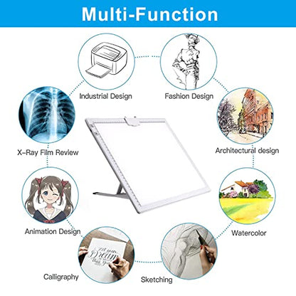 A3 Rechargeable Light Pad, TOHETO 2500mAh Battery Powered Light Board with Stand Top Magnetic Clip 3 Colors Stepless Dimmable 6 Levels Brightness Light Box for Diamond Painting Weeding Vinyl (White) - style: A3 (White)