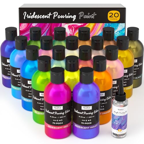 Nicpro 20 Colors Iridescent Metallic Acrylic Pour Paint Supplies Kit 8.45oz | Large Ready to Pour Premixed High Flow Pouring Paint Set with Silicone Pouring Oil, Gloves, Instructions for Beginner DIY - color: 20 Colors