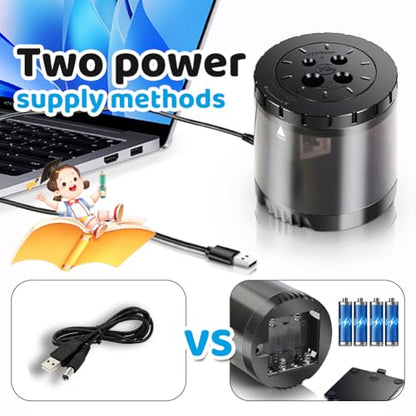 Heavy-Duty Electric Pencil Sharpener USB and Battery Power 4 Replacement Blades 4-Hole Adjustable for 6-12mm Art Pencils Large Capacity Automatic Pencil Sharpeners Black