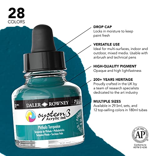 Daler-Rowney System3 Acrylic Ink Bottle Phthalo Turquoise 29.5ml - Versatile Acrylic Ink for Artists and Students - Opaque Calligraphy Ink for Drawing Illustrating Airbrushing Dip Pen Ink and More