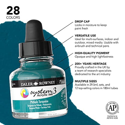 Daler-Rowney System3 Acrylic Ink Bottle Phthalo Turquoise 29.5ml - Versatile Acrylic Ink for Artists and Students - Opaque Calligraphy Ink for Drawing Illustrating Airbrushing Dip Pen Ink and More