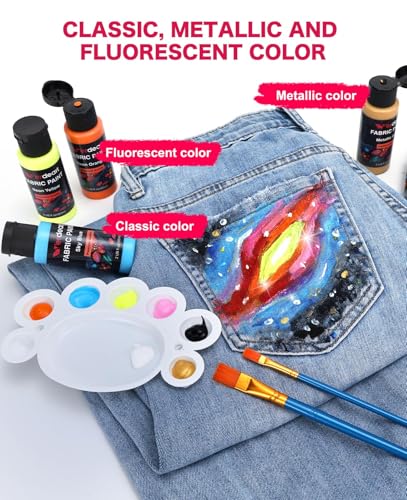 Fabric Paint, 20 Colors Permanent Soft Fabric Paint Set for Clothes in Bottles (60ml/2oz) with 10 Brushes, Palette - size: 2 Fl Oz (Pack of 20)