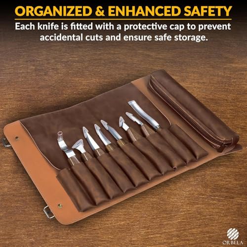 Orbela 16PCS Wood Carving Tools Set Heavy Duty with Leather Roll Bag - Complete Wood Carving Kit for Beginners & Experts, Whittling Knives, Wood Carving Chisels, Sharpening Strop, Gloves Woodworking