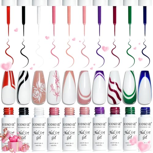 JODSONE 10pcs Nail Art Gel Liner Set,3D Nail Art Pens Effect for Fine Lines,Thin Brush Detail Polish,DIY Painted Nails at Home Salon,Liner Gel Nail Polish for Girls & Women - color: 10colors set