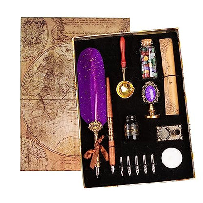 Joyeee Feather Calligraphy Dip Pens and Nibs, Stationery Paper, Pen Base, Spoon, Black Ink Bottle, Dip Pen Wooden for Writing Letters, Greeting Cards, Valentine’s Day Gift for Writing Drawing Lover - color: #102 Purple feather pen set