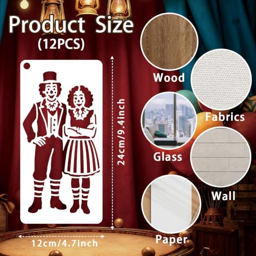 12 Sheets Adventure Circus Stencils for Painting, 12 Styles Plastic Joker Carousel Horse Drawing Template Circus Carnival Art Templates for Painting on Wall Wood Home Decor - style: Adventure Circus