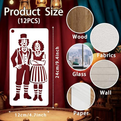 12 Sheets Adventure Circus Stencils for Painting, 12 Styles Plastic Joker Carousel Horse Drawing Template Circus Carnival Art Templates for Painting on Wall Wood Home Decor - style: Adventure Circus
