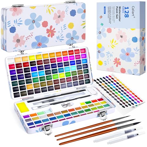 Caliart 128 Colors Watercolor Paint Set, Portable Art Supplies Palette Kit | Water Color Paints with Detail Paintbrush, Art Coloring Painting Gifts for Adults Professionals Beginners Artists - size: 1 Count (Pack of 128)