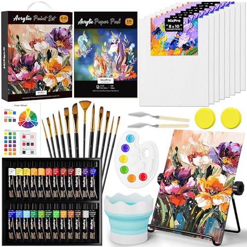 Nicpro 68PCS Acrylic Paint Canvas Set for Adults, Art Painting Supplies Kit with 24 Acrylic Paints,Table Easel,8 Canvas Panels,12 Brushes,Paper Pad,Cleaning Cup, Sponge, Palette for Beginner Artist - color: 24 colors