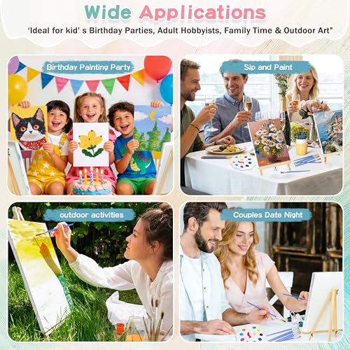 12Pack 8x10 Inch Canvas and Easel Set, Sip and Paint Kit for Adults,Art Canvas Bulk with Easels Stands, Trays,Small Paint Brushes,12 Colors Mini Acrylic Paint Set for Couples,Kids and Party Supplies