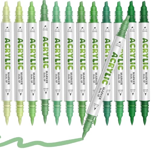 Green Acrylic Paint Pens, Water Based 12 Colors Dual Tip Acrylic Paint Markers for for Rock Painting Wood, Glass, Ceramic, Canvas, Fabric, Stone, DIY Crafts Making Art Supplies - color: Green Series