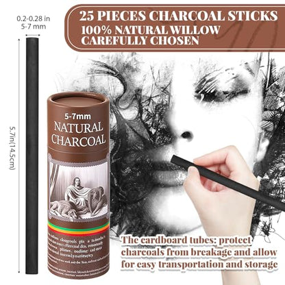 Gueevin 25 Pcs Willow Charcoal Sticks, Willow Charcoal, Artists, Beginners, Students, Perfect for Sketching, Drawing, Shading, and Fine Back to School Christmas Art Gifts (5-7mm) - size: 5-7mm